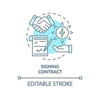 Signing contract turquoise concept icon. Business deal. Power purchase agreement work abstract idea thin line illustration. Isolated outline drawing. Editable stroke. Arial, Myriad Pro-Bold fonts used vector