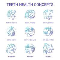 Teeth health blue gradient concept icons set. Regular dental visit idea thin line color illustrations. Bite reclamation. Teeth whitening. Isolated symbols. Roboto-Medium, Myriad Pro-Bold fonts used vector