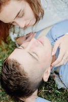 Photoshoot of the bride and groom in the mountains. Boho style wedding photo. photo