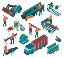 Isometric Sawmill Lumberjack Color Icon Set vector