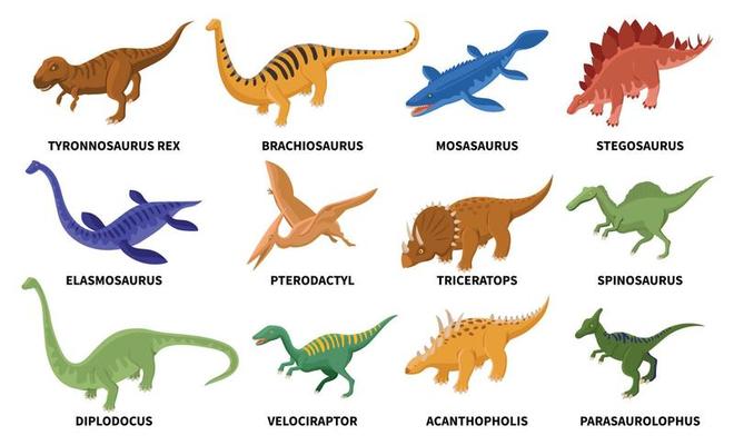 Isometric Colored Dinosaurs Set