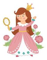 Fairy tale vector princess with mirror and roses. Fantasy girl in crown isolated on white background. Medieval fairytale maid in pink dress. Girlish cartoon magic icon with cute character.