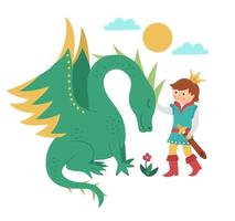 Fairy tale prince with dragon isolated on white background. Vector fantasy young monarch in crown with magic creature. Medieval fairytale characters. Cartoon magic sovereign icon