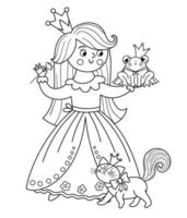 Fairy tale vector black and white princess with frog prince and cat. Fantasy line girl in crown. Medieval fairytale maid coloring page. Girlish cartoon magic icon with cute character.
