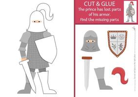 Vector fairytale cut and glue activity. Magic kingdom educational crafting game. Find missing parts of knight armor. Fairy tale printable page for kids with sward, shield, helmet.