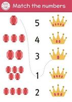 Match the numbers game with crown and gem stones. Fairytale math activity for preschool children. Magic kingdom educational printable counting worksheet for kids vector