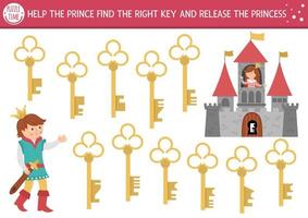 Find the right key to release princess. Fairytale matching activity for children. Magic kingdom education quiz worksheet for kids for attention skills. Simple printable game with castle, prince vector