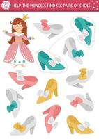 Find pairs of princess shoes. Fairytale matching activity for children. Magic kingdom educational quiz worksheet for kids for attention skills. Simple printable game with cute Cinderella girl vector