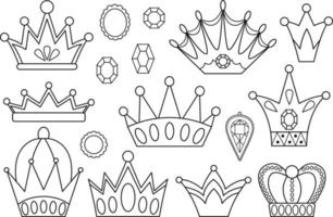 Fairy tale black and white crowns collection. Vector line set with fantasy king or queen accessories. Sovereign authority symbols. Medieval fairytale royal jewelry icons or coloring page
