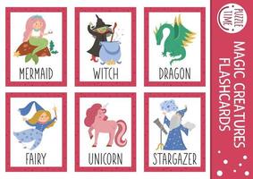 Vector fairytale flash cards set. English language game with cute dragon, mermaid, unicorn for kids. Fantasy creatures flashcards with fantasy characters. Simple educational printable worksheet.