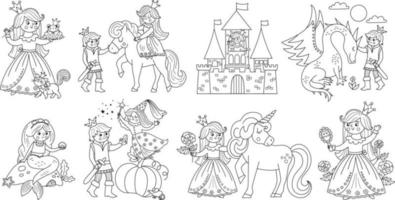 juego de princesa vectorial en blanco y negro de cuento de hadas. colección de chicas de línea de fantasía. Página para colorear de sirvienta de cuento de hadas medieval. paquete de íconos mágicos de dibujos animados femeninos con la bella durmiente, el príncipe rana. vector