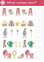 What comes next. Fairytale matching activity for preschool children with traditional fantasy symbols and characters. Funny magic kingdom puzzle. Fall logical worksheet. Continue the row game. vector