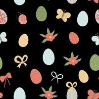 Vector seamless pattern with colored eggs, bows, butterfly and flowers. Easter texture with traditional symbols on black background. Spring digital paper.