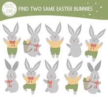 Find two same bunnies. Easter matching activity for preschool children with cute rabbits. Funny spring game for kids. Logical quiz worksheet. vector