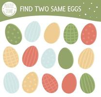 Find two same colored eggs. Easter matching activity for preschool children. Funny spring game for kids. Logical quiz worksheet. vector