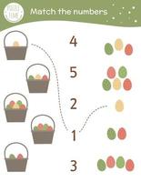 Matching game with baskets and colored eggs. Easter math activity for preschool children. Spring counting worksheet. Educational riddle with cute funny elements. vector