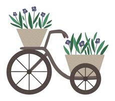 Vector illustration of flower bed. Garden decorative retro bike shaped flowerbed. Beautiful spring and summer plants, herbs and flowers.