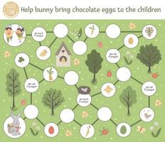 Easter adventure board game for children with cute characters and traditional symbols. Educational spring holiday boardgame. Help bunny bring chocolate eggs to the children. vector