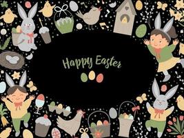 Vector Easter horizontal layout frame border with bunny, eggs and happy children isolated on white background. Christian holiday banner or invitation with place for text. Cute spring card template.