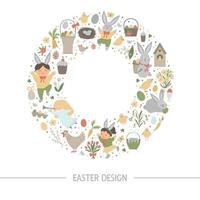 Vector Easter round frame with place for text isolated on white background. Christian holiday themed banner or invitation framed in circle. Cute funny spring card template.