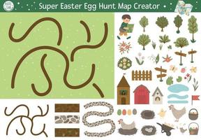 Easter egg hunt map creator. Set of flat cartoon elements for constructing spring activity. Vector garden clip art with seamless brushes for paths.