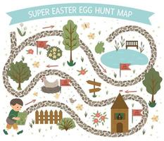 Easter egg hunt map. Set of flat spring cartoon elements. Vector garden scene with cute house, fence, colored eggs, pond.