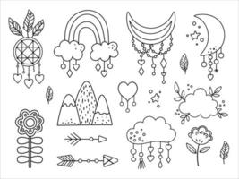 Vector black and white boho elements collection. Bohemian half moon, dream catcher, flowers, arrows, cloud, feathers isolated on white background. Celestial line icons pack.