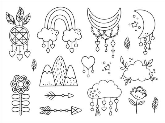 Vector black and white boho elements collection. Bohemian half moon, dream catcher, flowers, arrows, cloud, feathers isolated on white background. Celestial line icons pack.