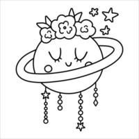 vector boho planeta blanco y negro con flores en la cabeza. icono de línea de luna bohemia aislado sobre fondo blanco. ilustración de contorno de estrella celestial.