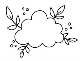 nube vectorial en blanco y negro con hojas. icono de la línea meteorológica o página para colorear aislada en fondo blanco. vector