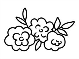 vector elemento decorativo horizontal floral en blanco y negro. ilustración de línea con flores de rosa, hojas, ramas. Hermoso ramo de contorno de primavera o verano aislado sobre fondo blanco.