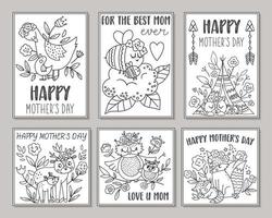 Collection of vector black and white Mothers Day cards with cute boho animals. Pre-made designs or coloring pages with woodland baby insects and birds with mothers. Bohemian style posters