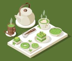 juego de té isométrico matcha vector