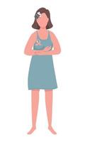 Young woman with breast cancer ribbon semi flat color vector character