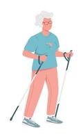 Old woman using poles in trail running races semi flat color vector character