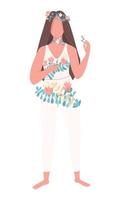 Young lady surrounded by spring flowers semi flat color vector character