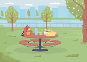 Picnic table with basket and backpack flat color vector illustration