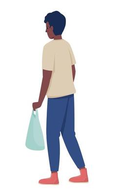 Young man in casual outfit with plastic bag semi flat color vector character