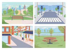 Urban areas flat color vector illustration set