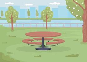 Picnic table surrounded by residential green space flat color vector illustration