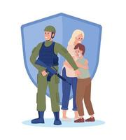 Soldier protecting citizens 2D vector isolated illustration