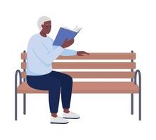 Elderly man with book relaxing on bench semi flat color vector character