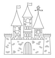 vector castillo icono blanco y negro aislado sobre fondo blanco. palacio de piedra de línea medieval con torres, banderas, puertas. cuento de hadas rey casa ilustración o página para colorear