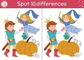 Find differences game for children. Fairytale educational activity with cute prince, shoe, pumpkin. Magic kingdom puzzle for kids with Cinderella fantasy character. Fairy tale printable worksheet vector