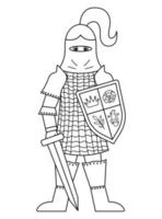 Fairy tale black and white knight. Fantasy line armored warrior isolated on white background. Fairytale soldier in helmet with sword, shield, chain mail. Cartoon icon or coloring page with weapon. vector