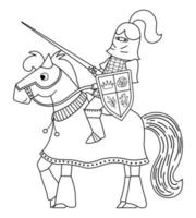 Fairy tale black and white knight on a horse. Fantasy line armored warrior coloring page. Fairytale soldier in helmet with sword, shield. Cartoon icon with medieval character and weapon.