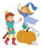 Fairy tale prince with fairy, pumpkin, lost shoe, mouse. Vector fantasy young monarch in crown icon. Medieval fairytale characters. Cartoon magic Cinderella tale scene