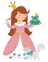 Fairy tale vector princess with frog prince and cat. Fantasy girl in crown isolated on white background. Medieval fairytale maid in pink dress. Girlish cartoon magic icon with cute character.