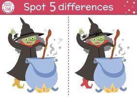 Find differences game for children. Fairytale educational activity with cute witch and cauldron. Magic kingdom puzzle for kids with fantasy character. Fairy tale printable worksheet or page vector