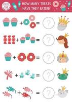 How many treats game with cute fairytale characters, donuts, sweets. Magic kingdom math addition activity for preschool children. Printable simple counting worksheet for kids vector